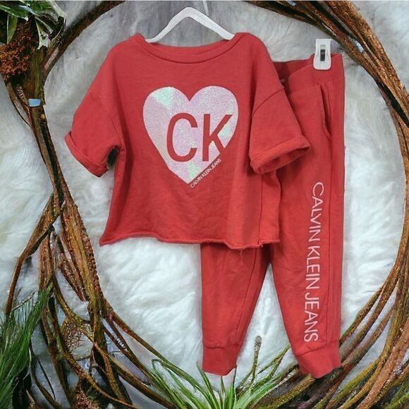 Calvin Klein Jeans 2pc Girls French Terry Sweatshirt & Jogger Pants Orange S 7/8 - Picture 4 of 15